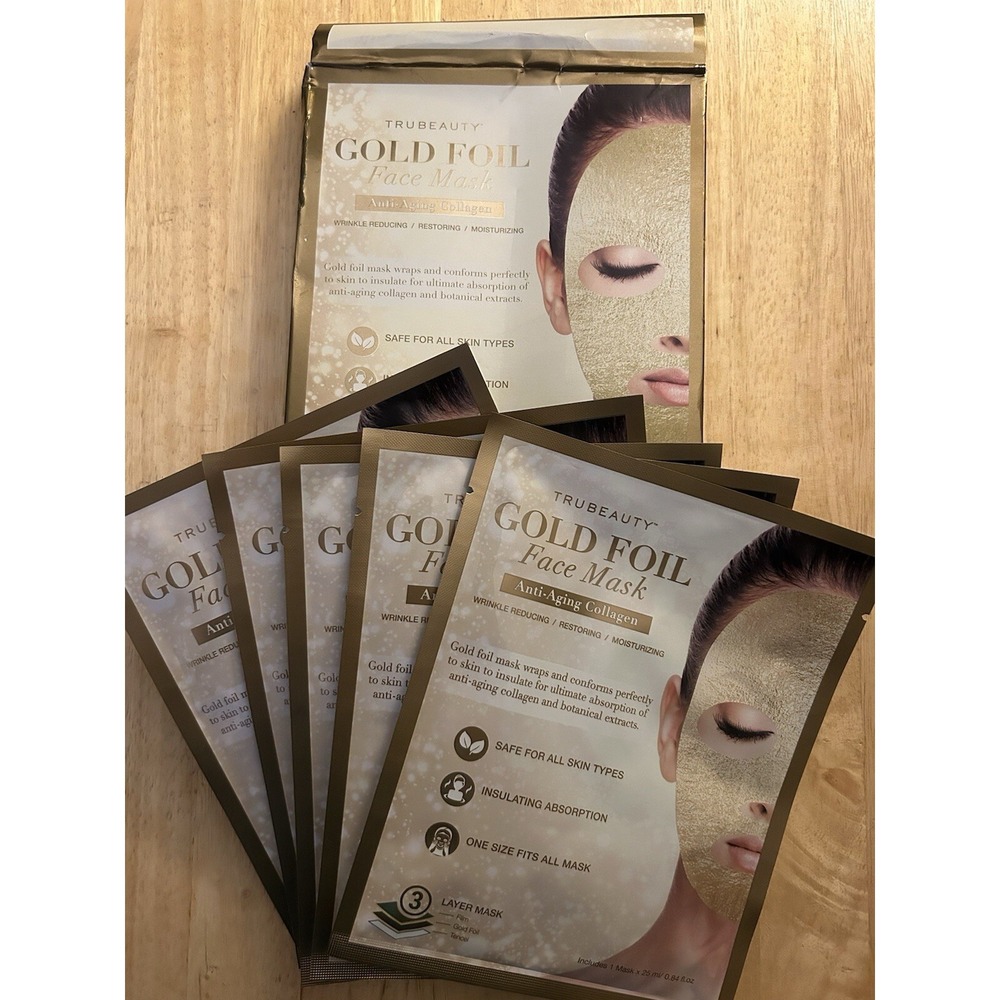 Tru Beauty Gold Foil Face Mask 5 Pack Anti Aging Collagen Triple Layer Gold Foil